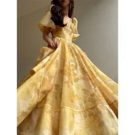 Girlary Printed Tea Break Skirt Waist-Tight Elegant Puff Sleeve Dress for Women