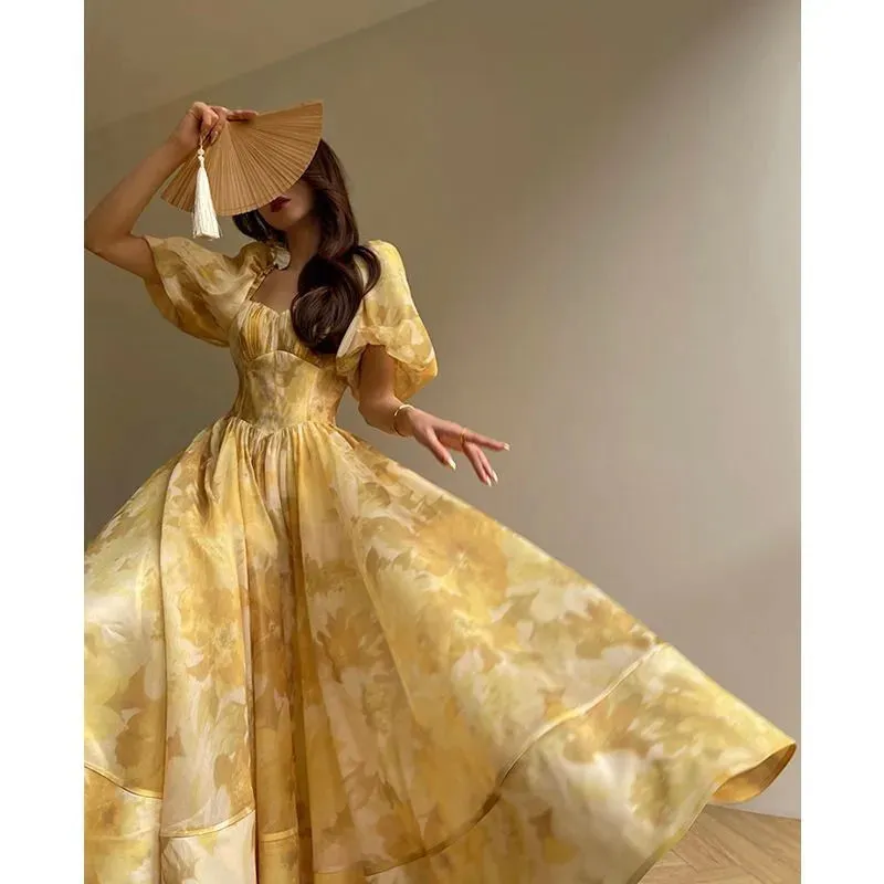 Girlary Printed Tea Break Skirt Waist-Tight Elegant Puff Sleeve Dress for Women
