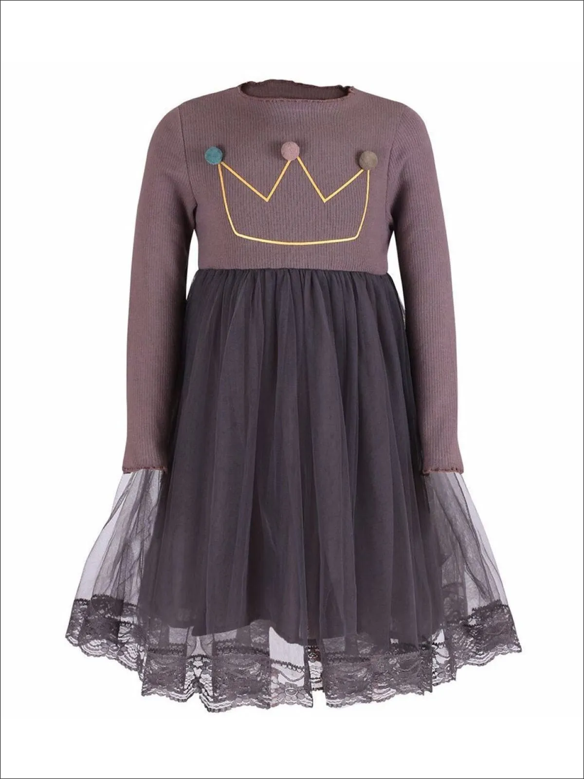 Girls Gray Pom Pom Crown Applique Lace Edge Dress
