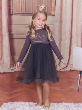 Girls Gray Pom Pom Crown Applique Lace Edge Dress
