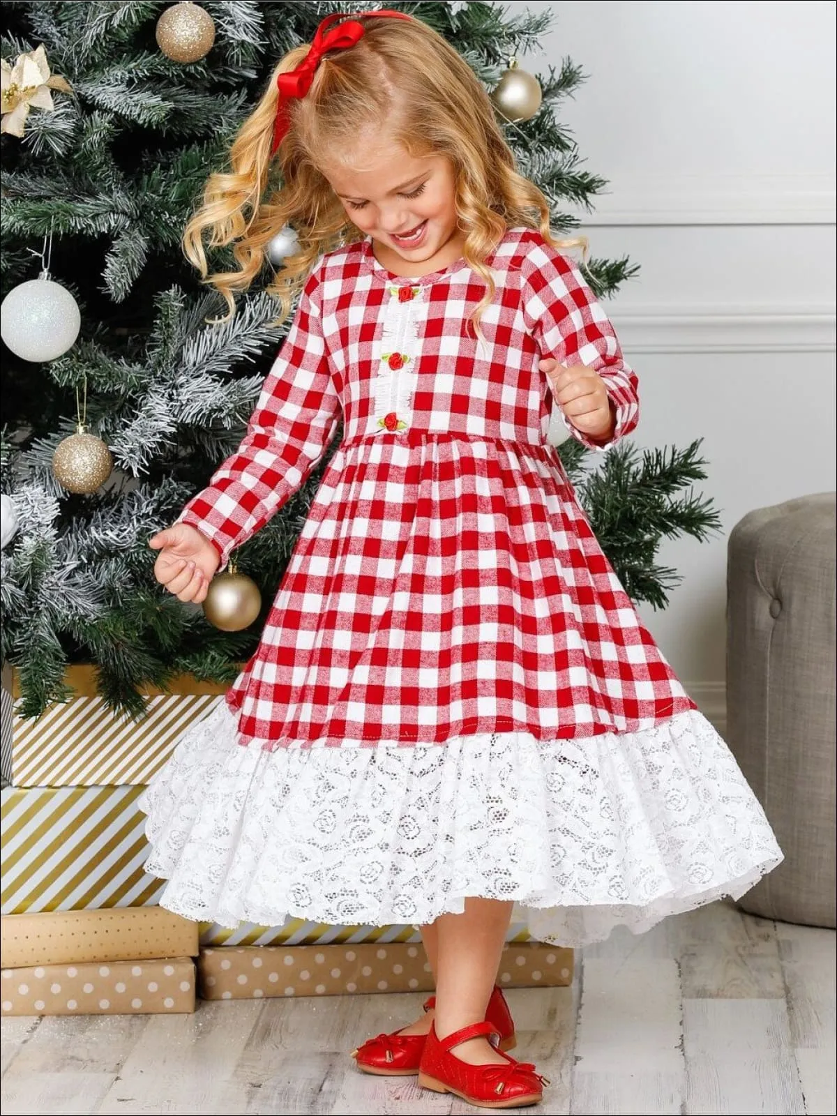 Girls Hi-Lo Gingham Long Sleeve Rose Lace Hem Dress