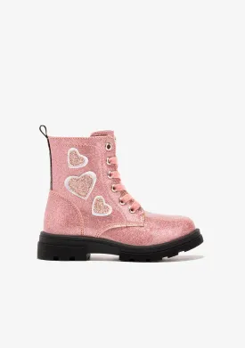 Girl's Pink Hearts Cord Ankle Boots