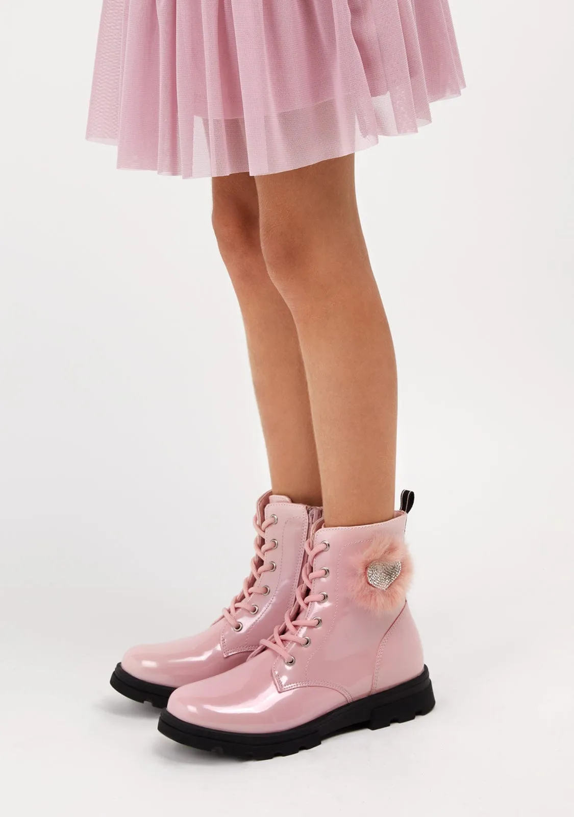 Girl's Pink Pompon Cord Ankle Boots