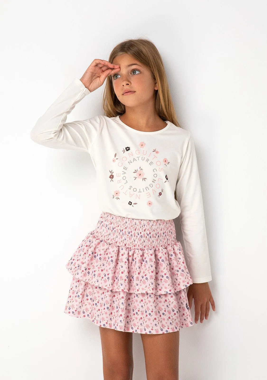 Girl's Pink Print Flowers Skirt