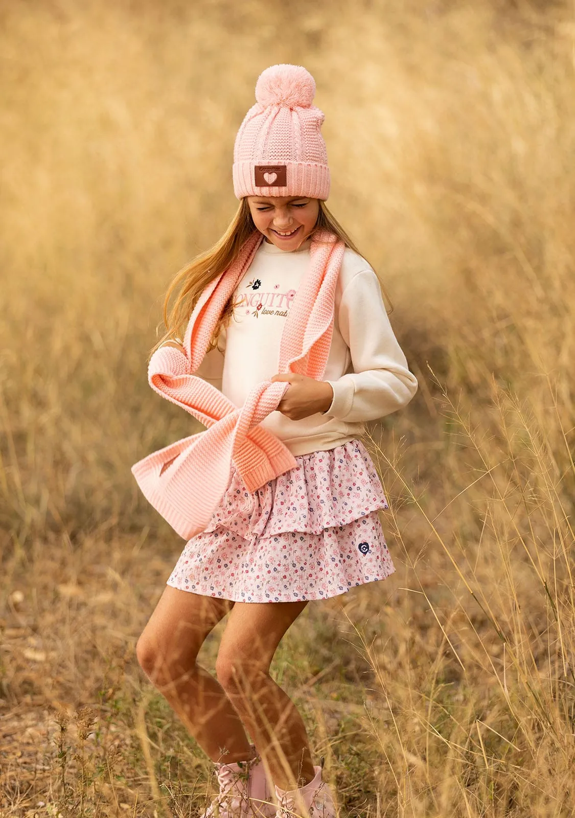 Girl's Pink Print Flowers Skirt