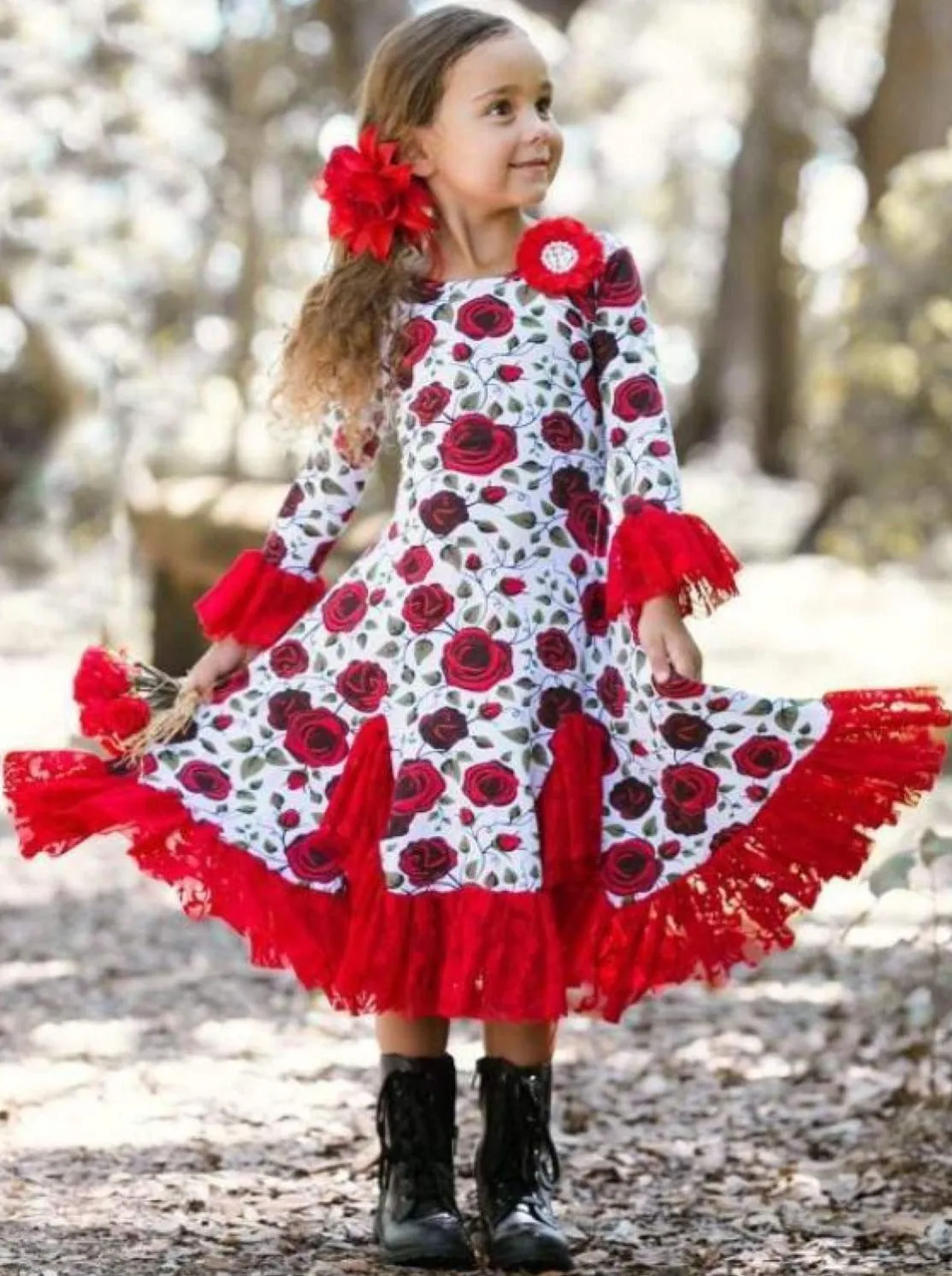 Girls Red Rose Twirl Dress with Lace Ruffles