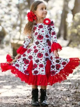 Girls Red Rose Twirl Dress with Lace Ruffles