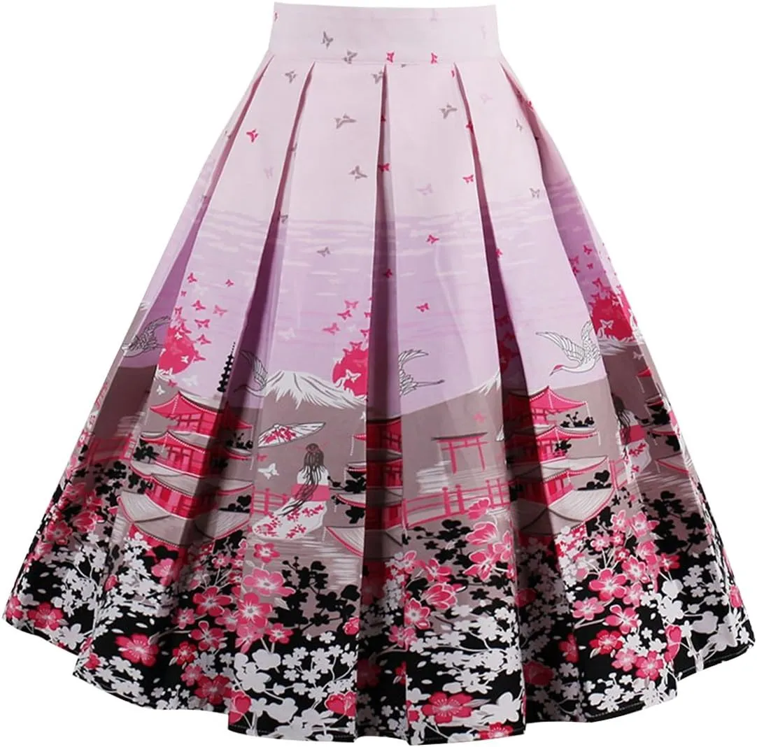 Girstunm Women's Pleated Vintage Skirt Floral Print A-line Midi Skirts with Pockets