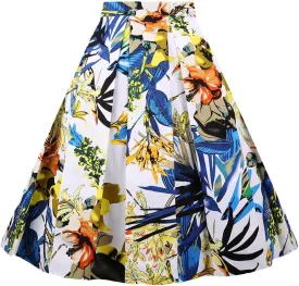 Girstunm Women's Pleated Vintage Skirt Floral Print A-line Midi Skirts with Pockets