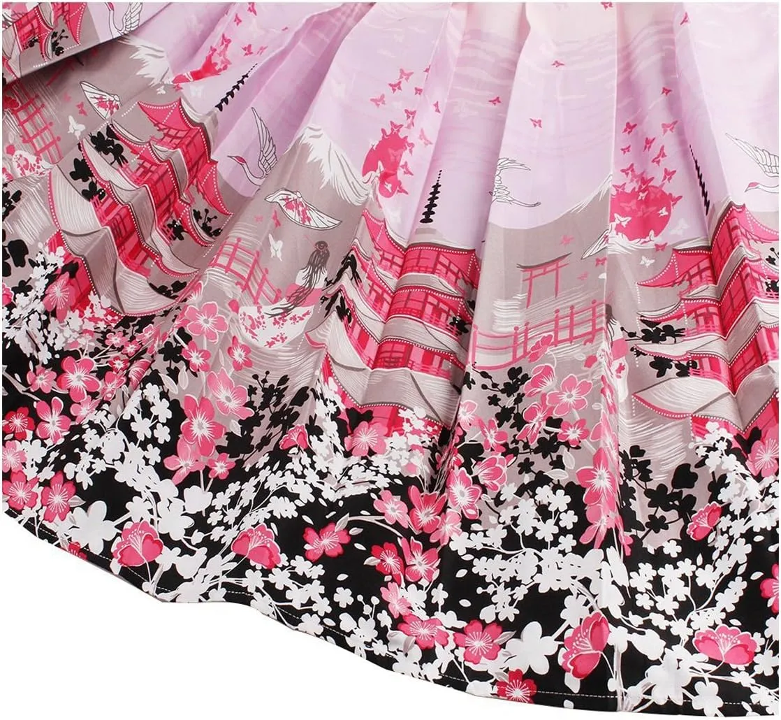 Girstunm Women's Pleated Vintage Skirt Floral Print A-line Midi Skirts with Pockets