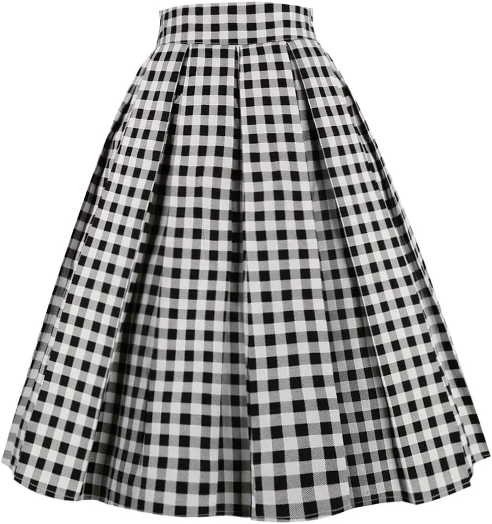 Girstunm Women's Pleated Vintage Skirt Floral Print A-line Midi Skirts with Pockets