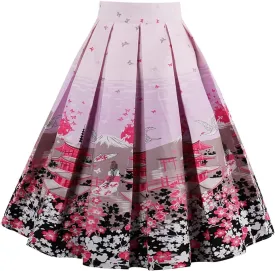 Girstunm Women's Pleated Vintage Skirt Floral Print A-line Midi Skirts with Pockets
