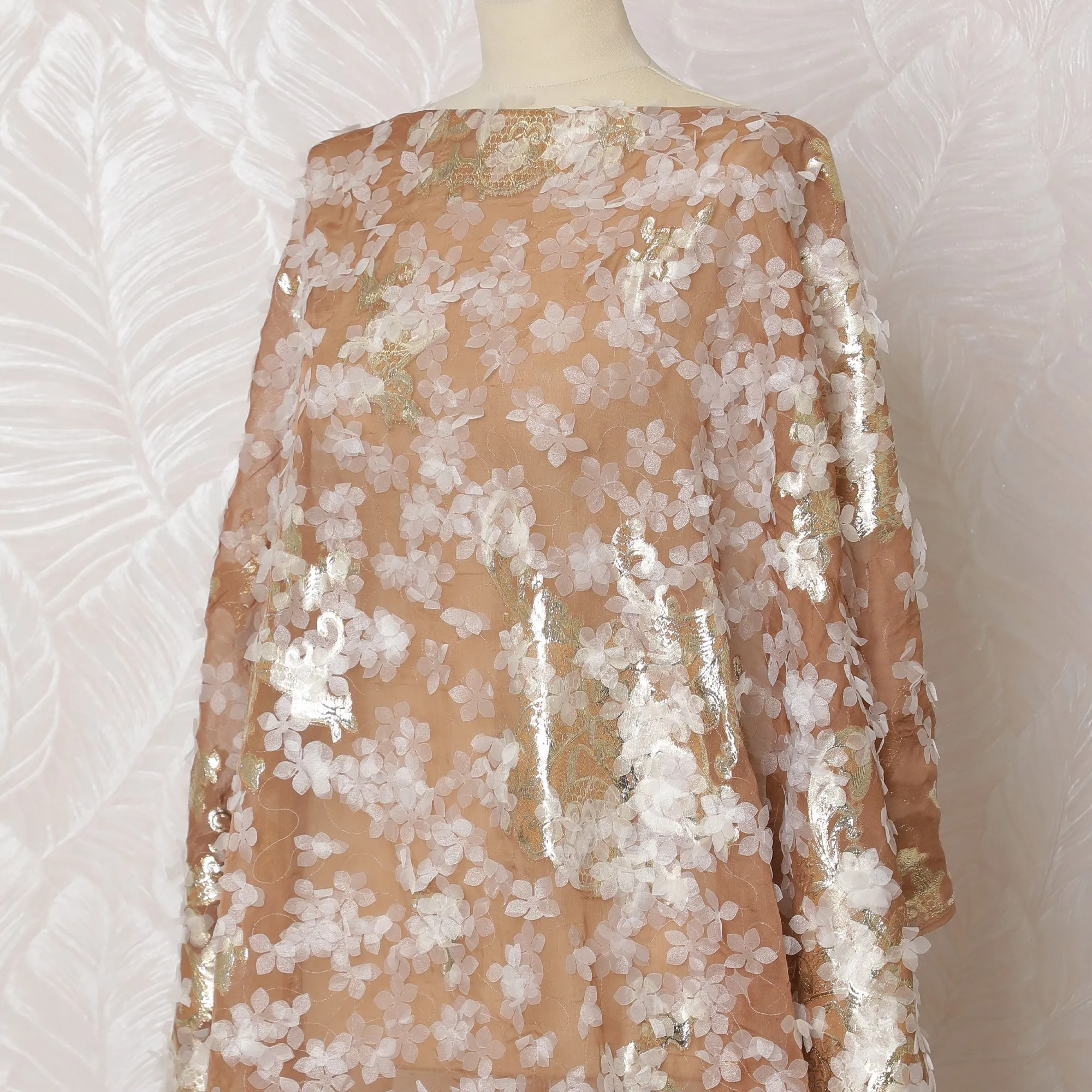 Golden Caramel Silk Chiffon Somali dirac Fabric with Lurex AppliquÃ© - 140cm x 3.5 Mtrs-D18496