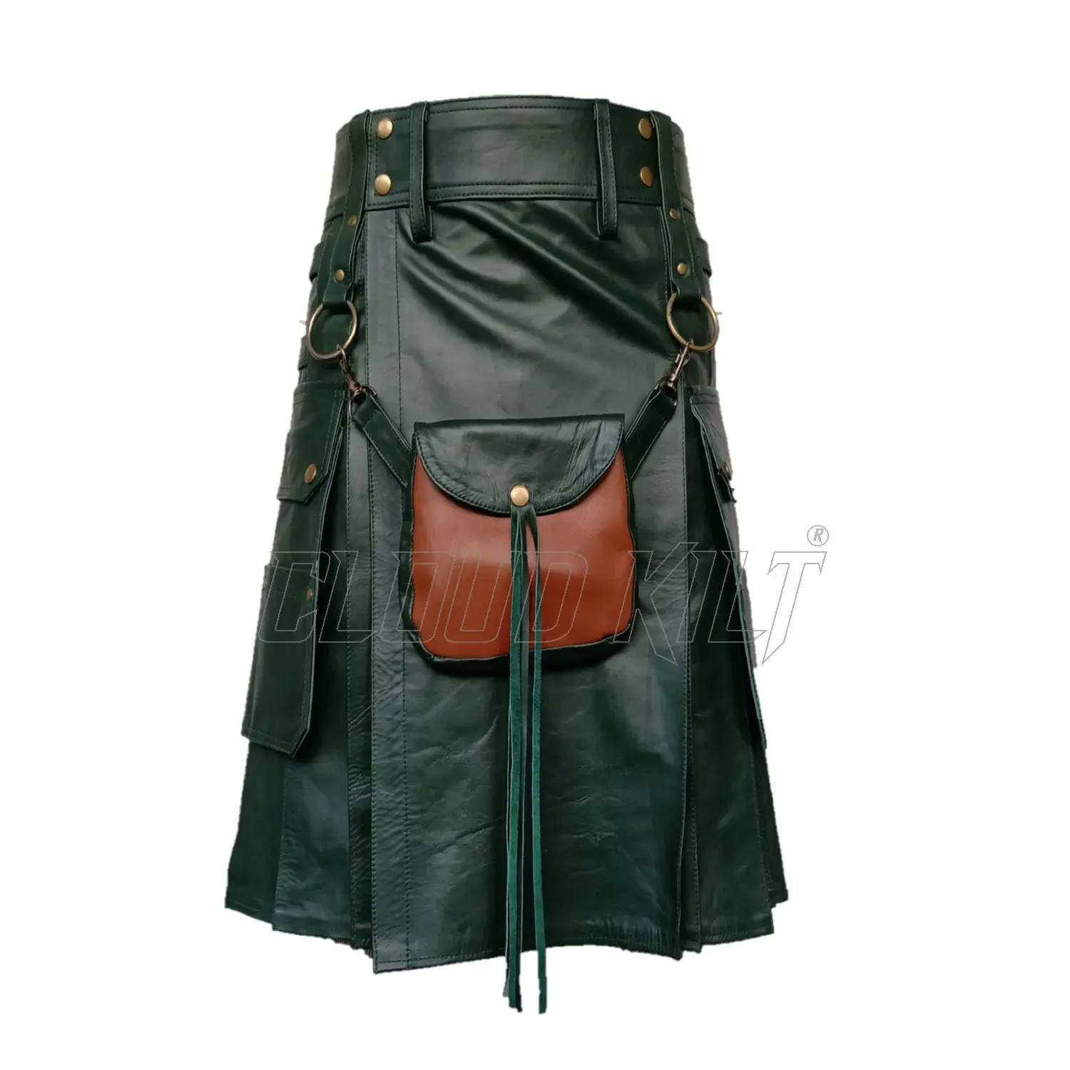 Green Real Cow Leather Utility Kilt With Front Sporran