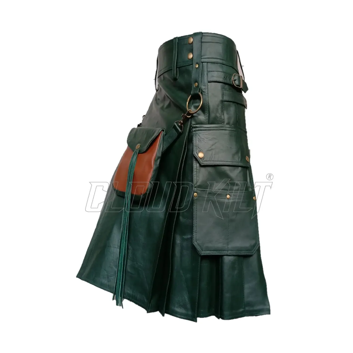 Green Real Cow Leather Utility Kilt With Front Sporran