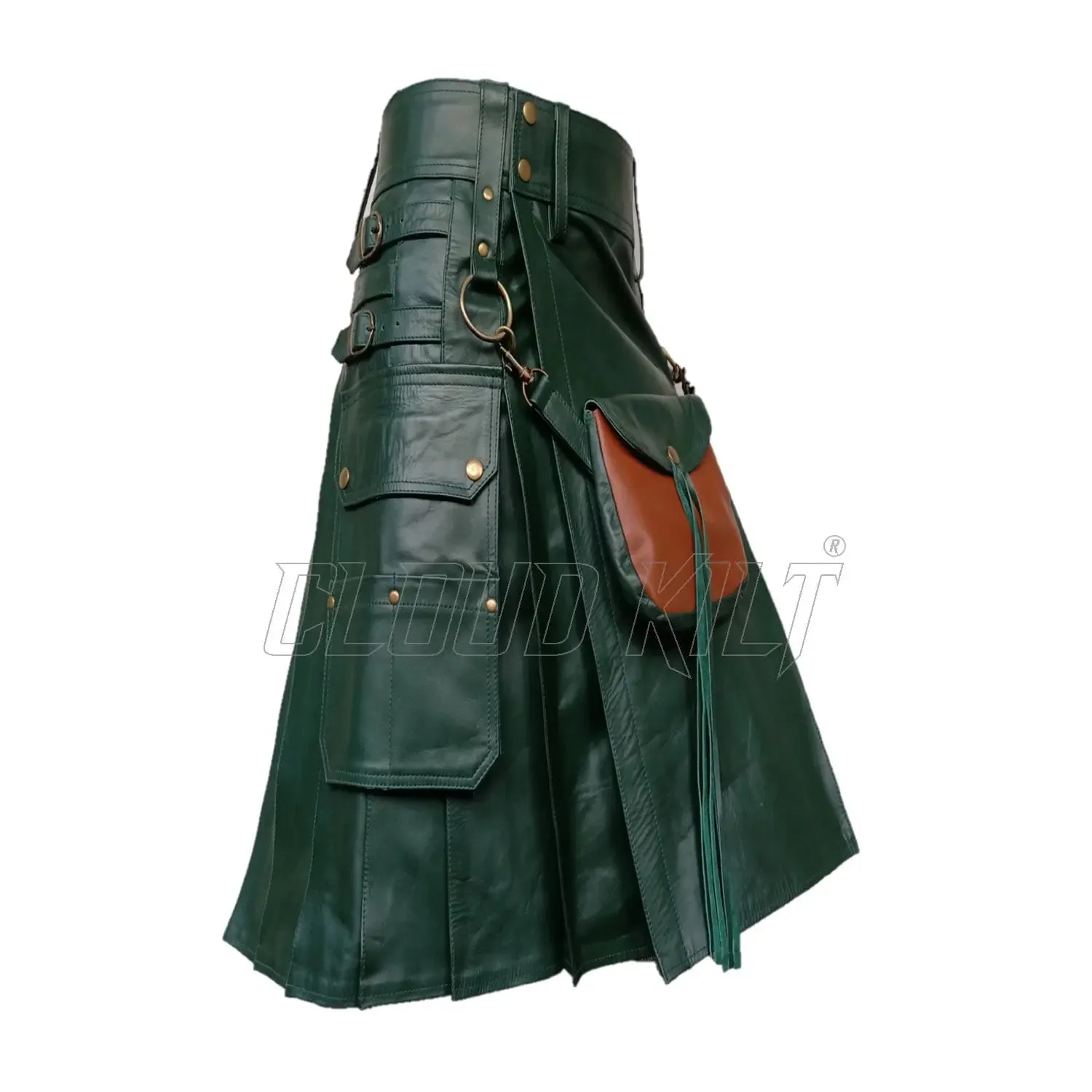 Green Real Cow Leather Utility Kilt With Front Sporran