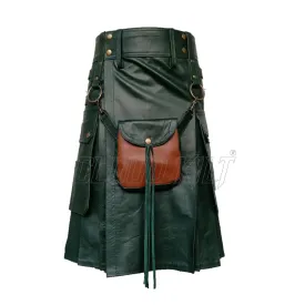 Green Real Cow Leather Utility Kilt With Front Sporran