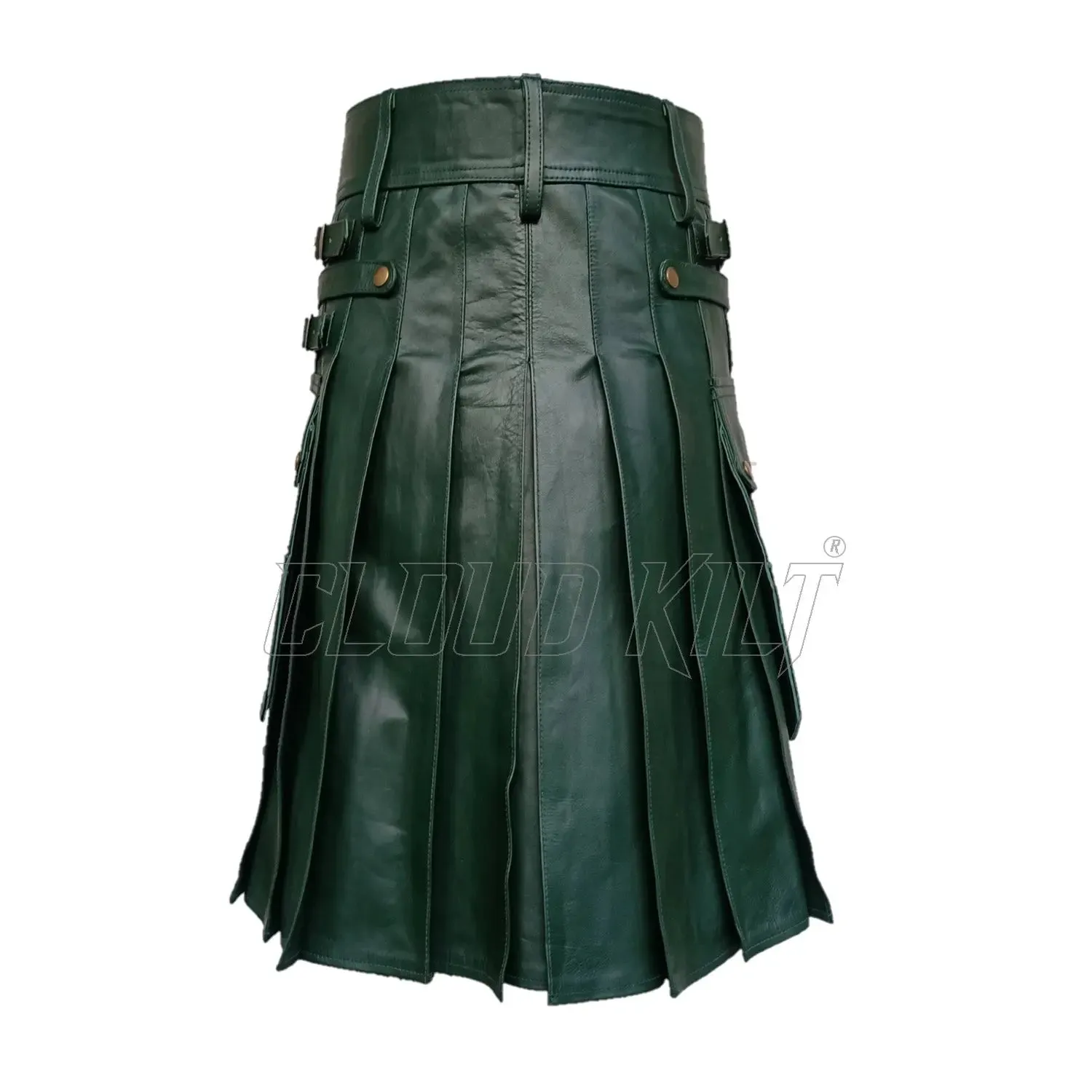 Green Real Cow Leather Utility Kilt With Front Sporran