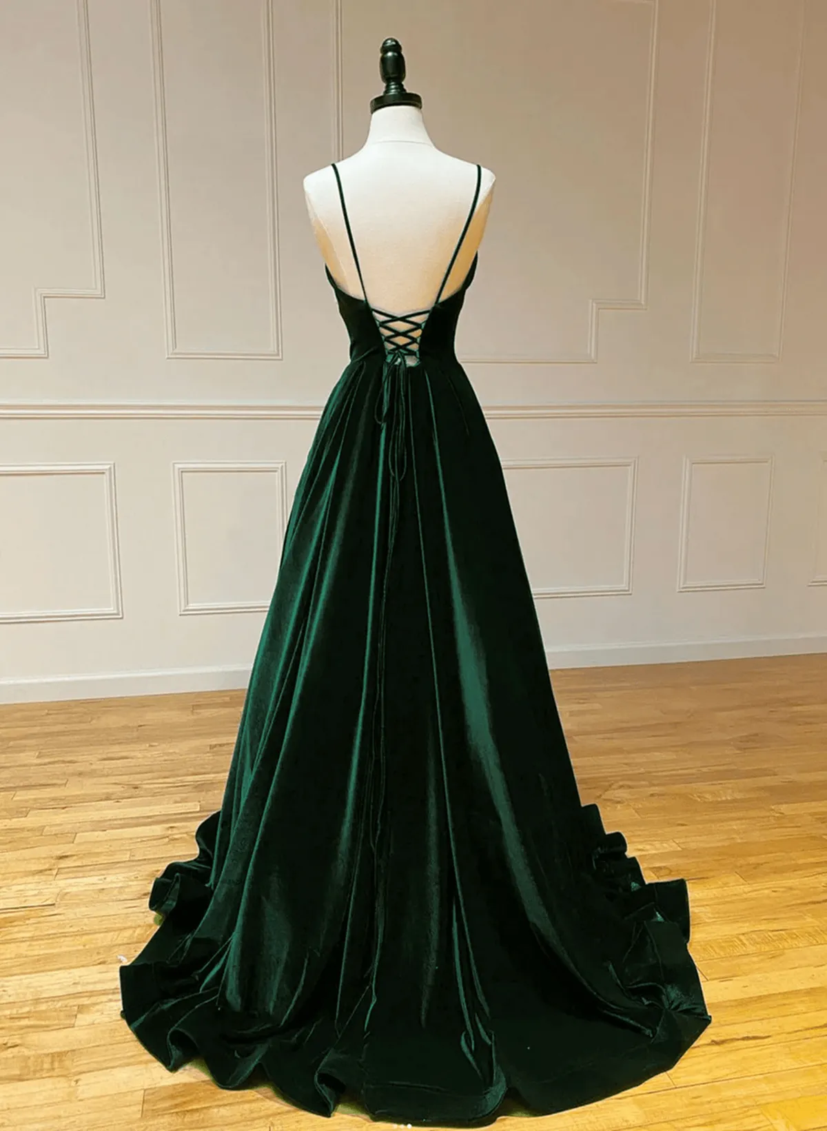 Green V-Neckline Straps Lace-Up A-Line Prom Dress Green Velvet Long Prom Dress