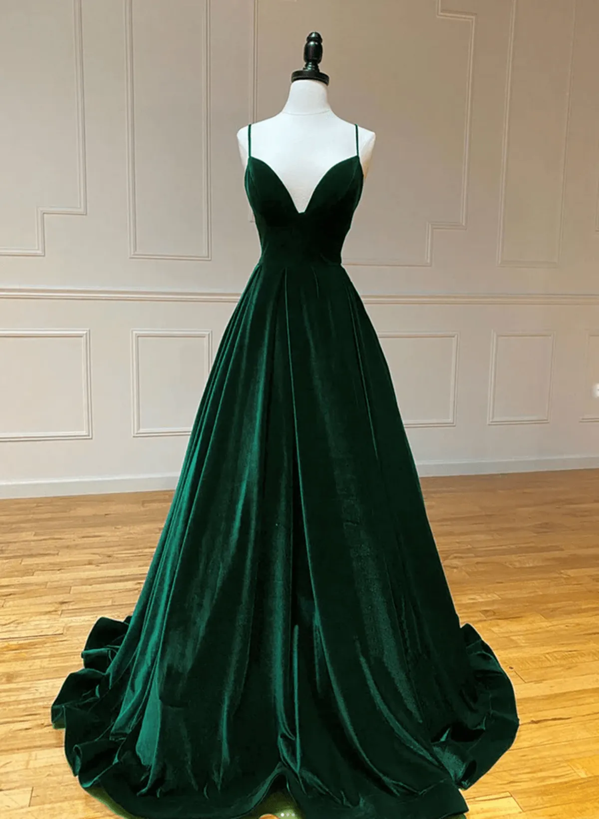 Green V-Neckline Straps Lace-Up A-Line Prom Dress Green Velvet Long Prom Dress
