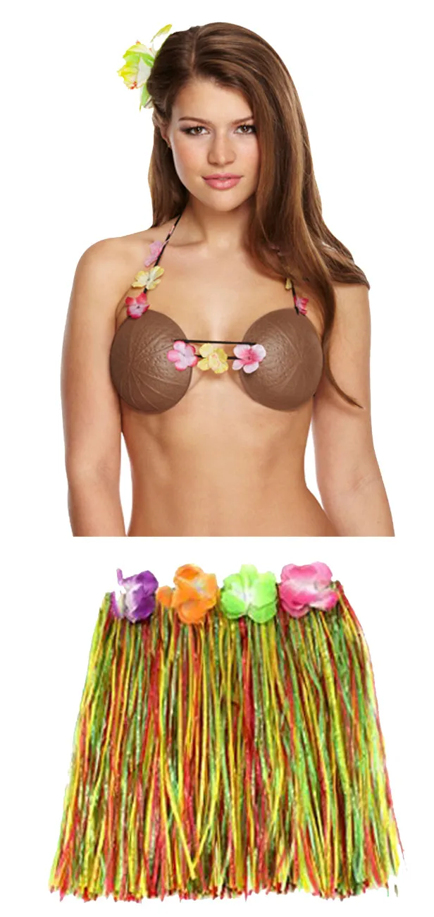 Hula Grass Skirt Plastic Brown Coconut Bra Ladies Girls Hawaiian Hula Beach Party Fancy Dress Costume