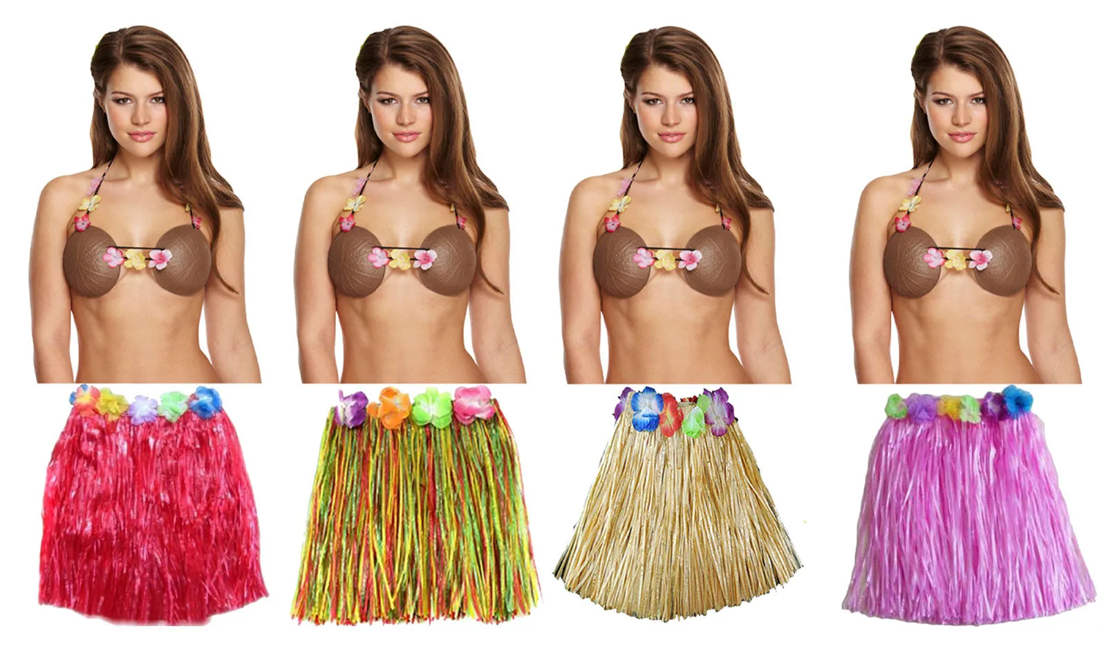 Hula Grass Skirt Plastic Brown Coconut Bra Ladies Girls Hawaiian Hula Beach Party Fancy Dress Costume