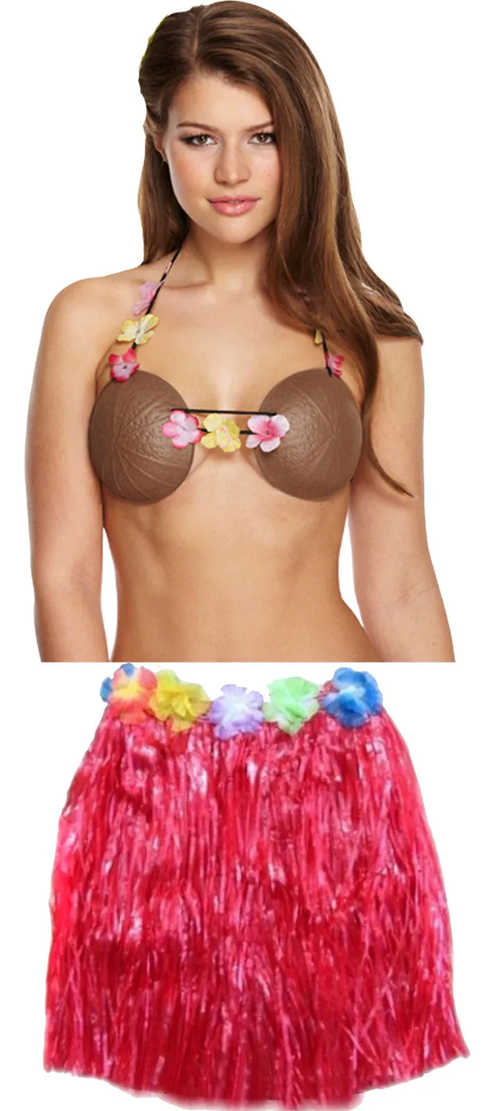 Hula Grass Skirt Plastic Brown Coconut Bra Ladies Girls Hawaiian Hula Beach Party Fancy Dress Costume