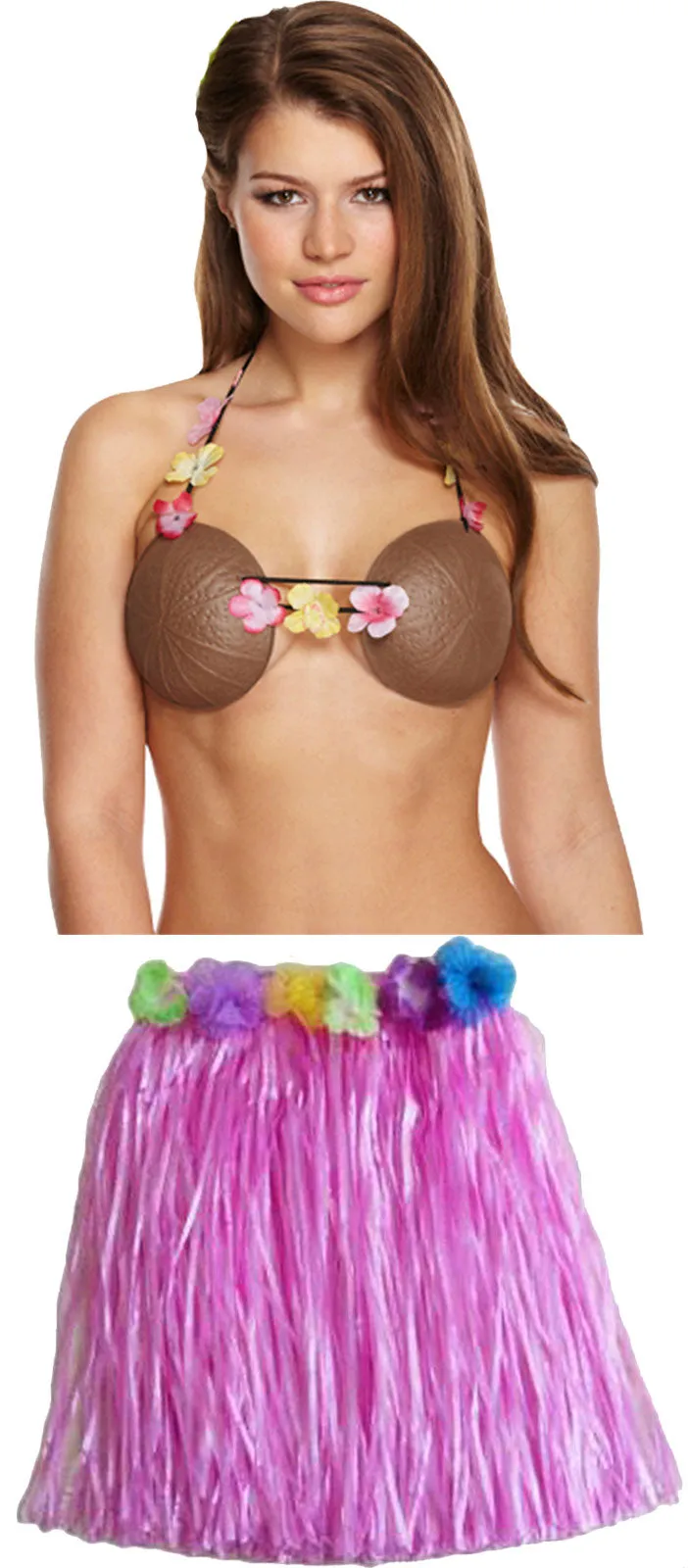 Hula Grass Skirt Plastic Brown Coconut Bra Ladies Girls Hawaiian Hula Beach Party Fancy Dress Costume