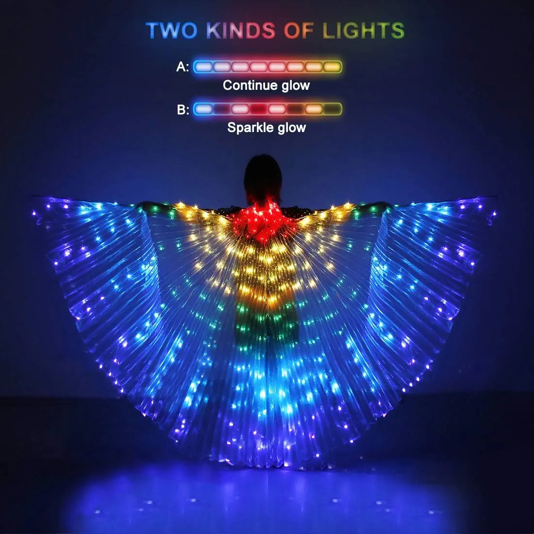 iMucci LED Lights Belly Dance Isis Glow Angel dance Wings with Telescopic Sticks Flexible Rods for Adults and Child Multicolor