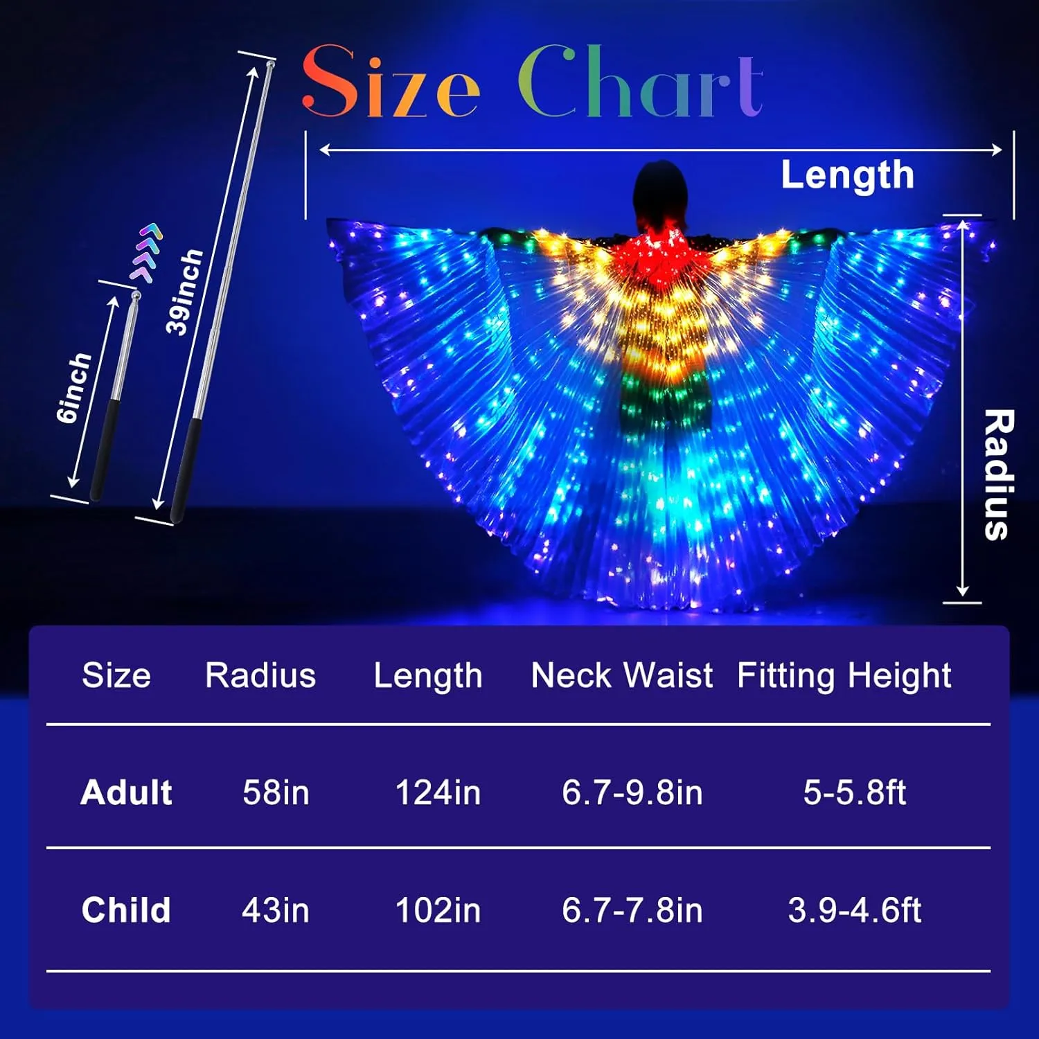 iMucci LED Lights Belly Dance Isis Glow Angel dance Wings with Telescopic Sticks Flexible Rods for Adults and Child Multicolor