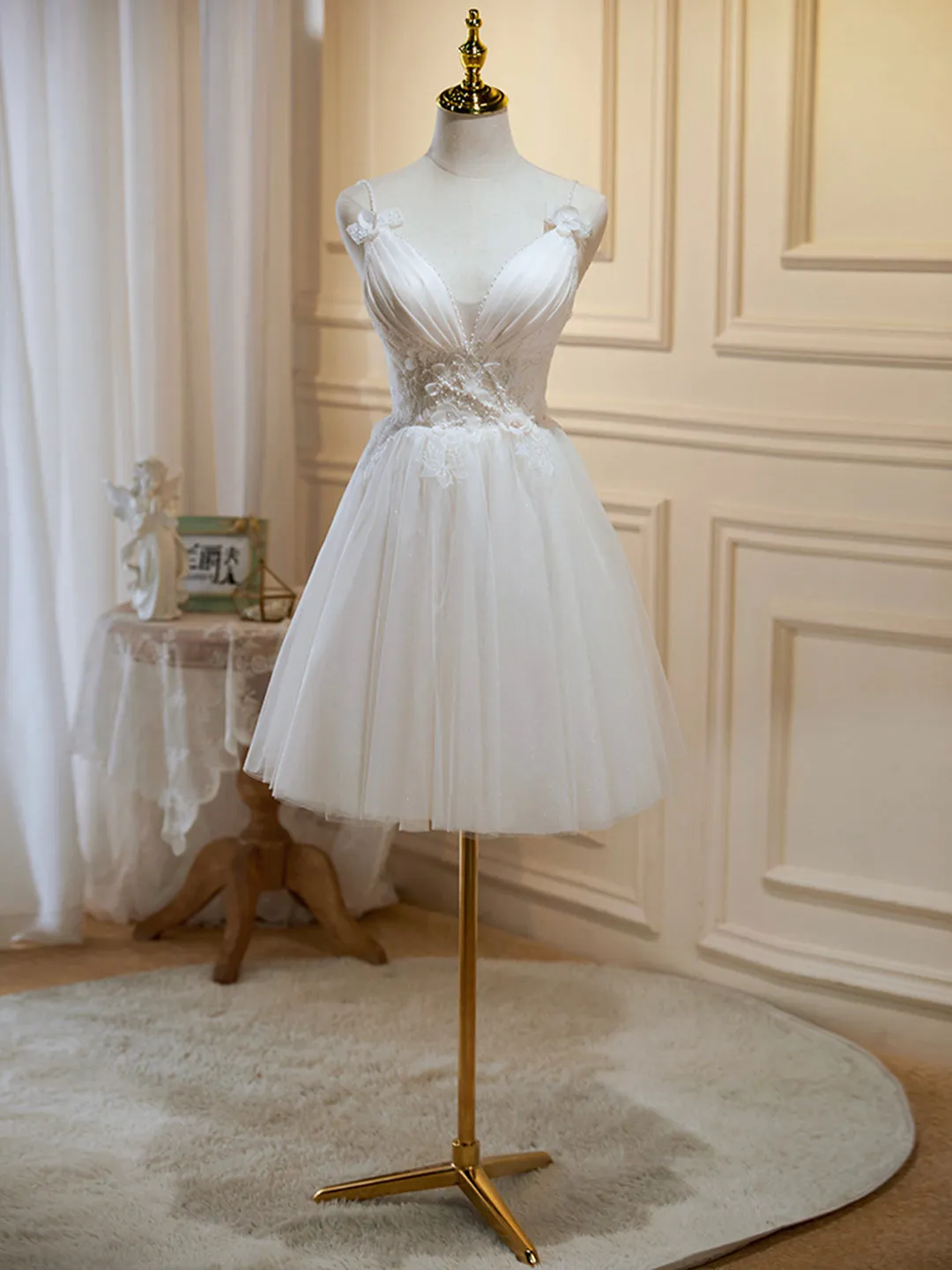 Ivory V-Neck Lace Straps Party Dress Ivory Knee Length Prom Dress