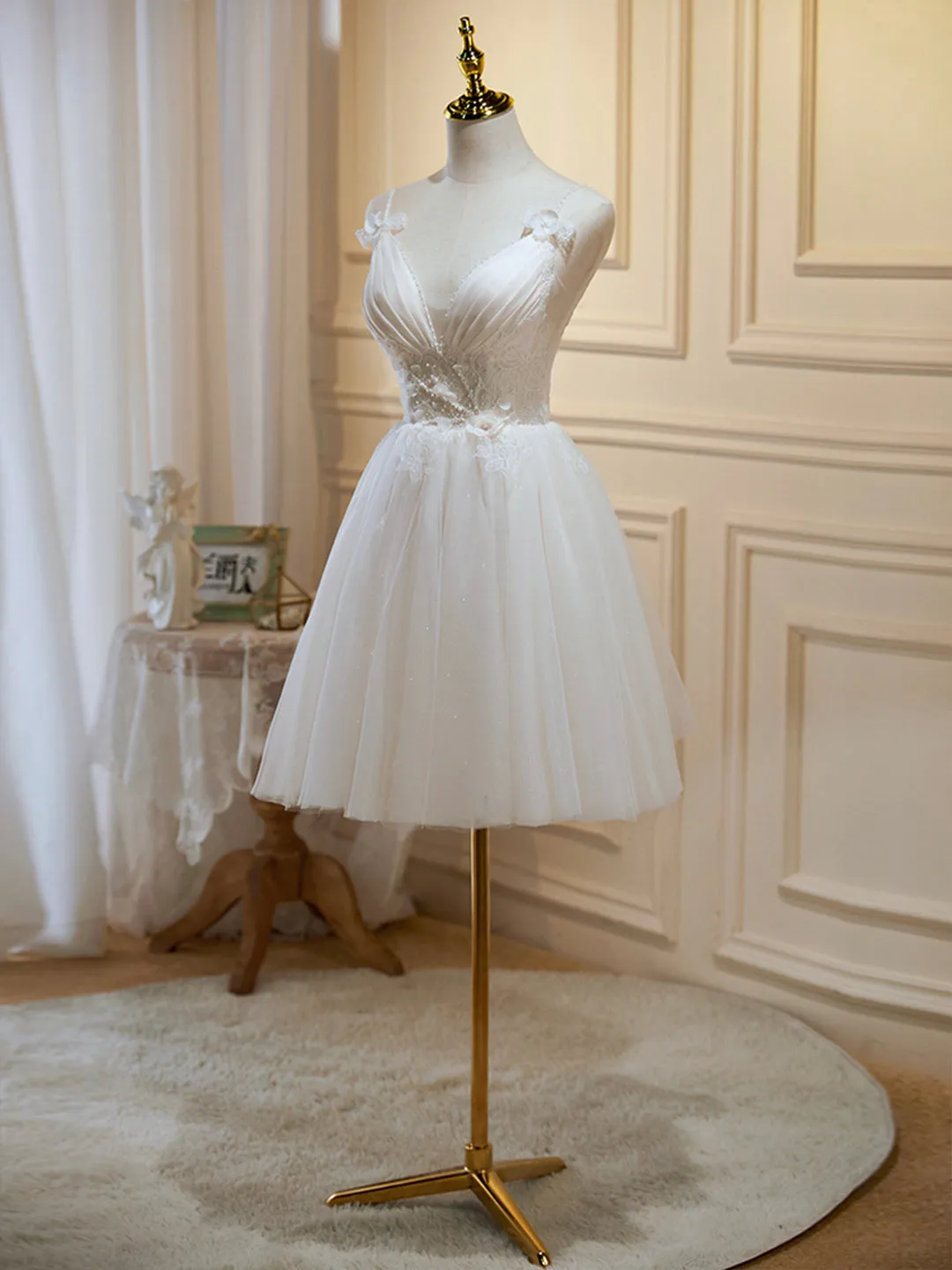 Ivory V-Neck Lace Straps Party Dress Ivory Knee Length Prom Dress