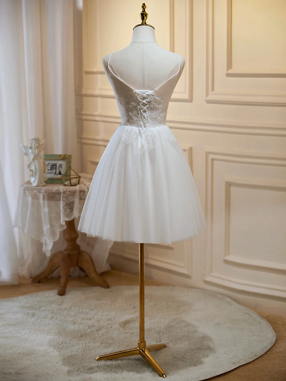 Ivory V-Neck Lace Straps Party Dress Ivory Knee Length Prom Dress