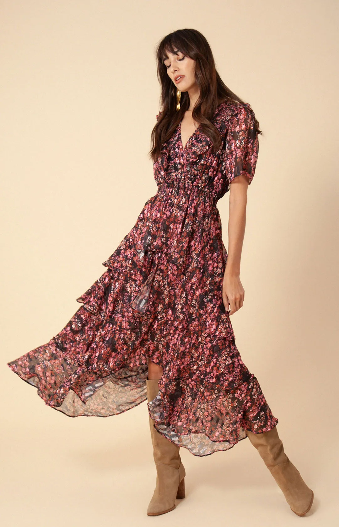 Jade Lurex Jacquard Tiered Dress