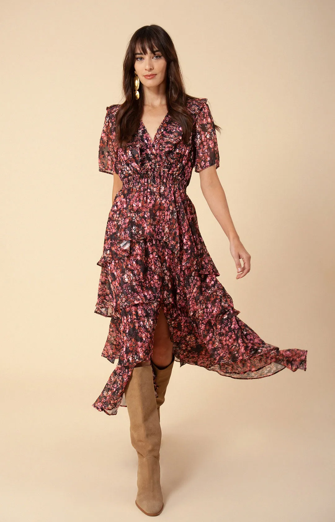 Jade Lurex Jacquard Tiered Dress