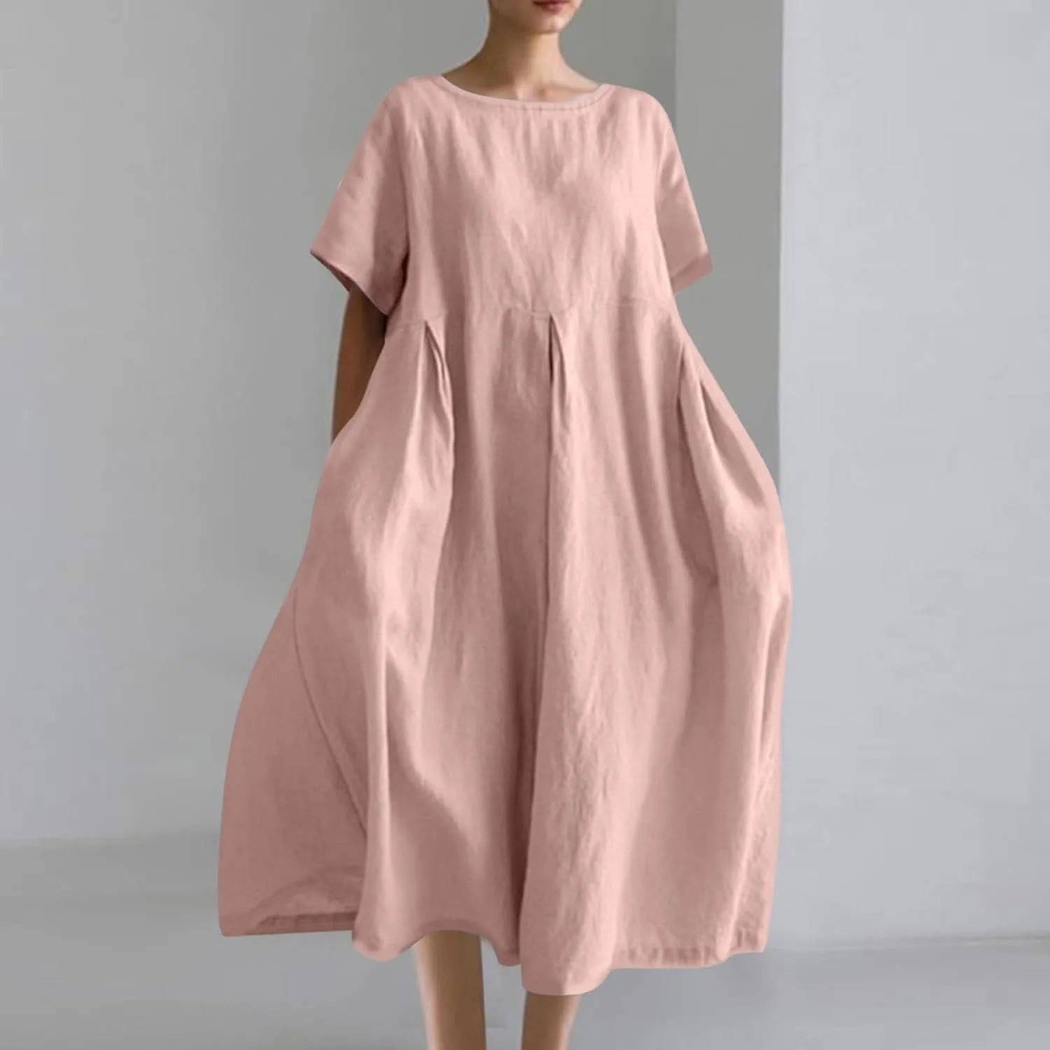 JOAU Plus Size Cotton Linen Maxi Dress for Women 2025 Casual Loose Crew Neck Short Sleeve Beach Vacation Pleated A Line Dress