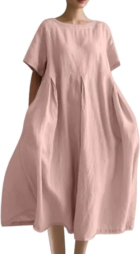 JOAU Plus Size Cotton Linen Maxi Dress for Women 2025 Casual Loose Crew Neck Short Sleeve Beach Vacation Pleated A Line Dress