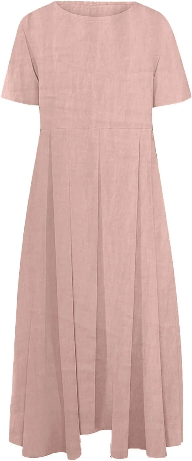 JOAU Plus Size Cotton Linen Maxi Dress for Women 2025 Casual Loose Crew Neck Short Sleeve Beach Vacation Pleated A Line Dress