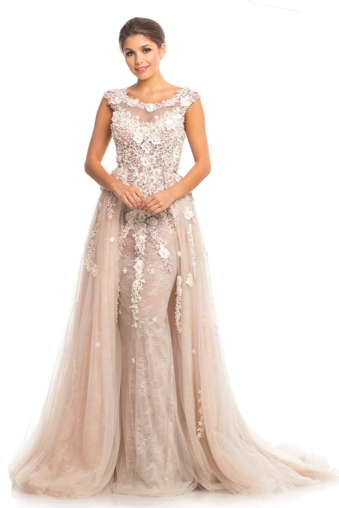 Johnathan Kayne Bridal B105 Size 10 Flower Lace Bridal Gown Overskirt Wedding  Dress High Neck
