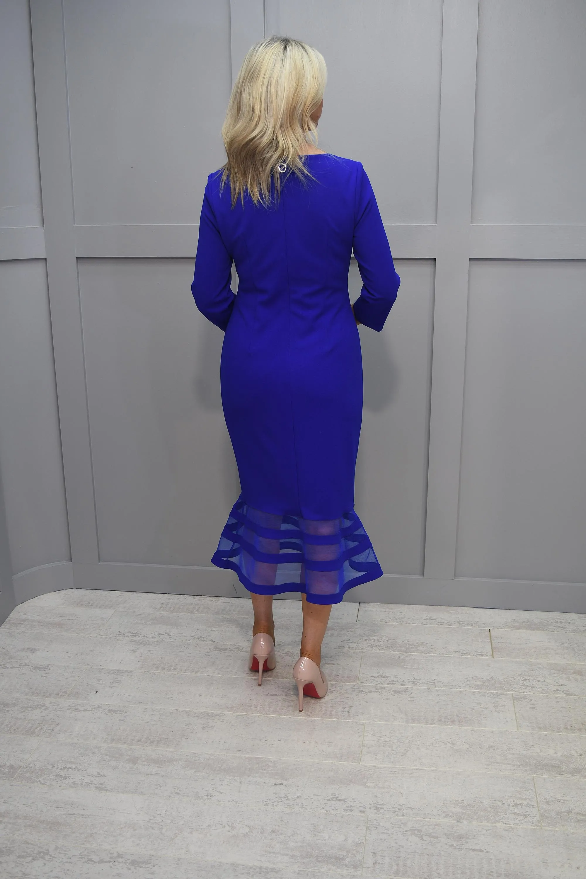 Joseph Ribkoff Royal Blue Fishtail Dress With Sweetheart Neckline & Mesh Detail-233706 2922