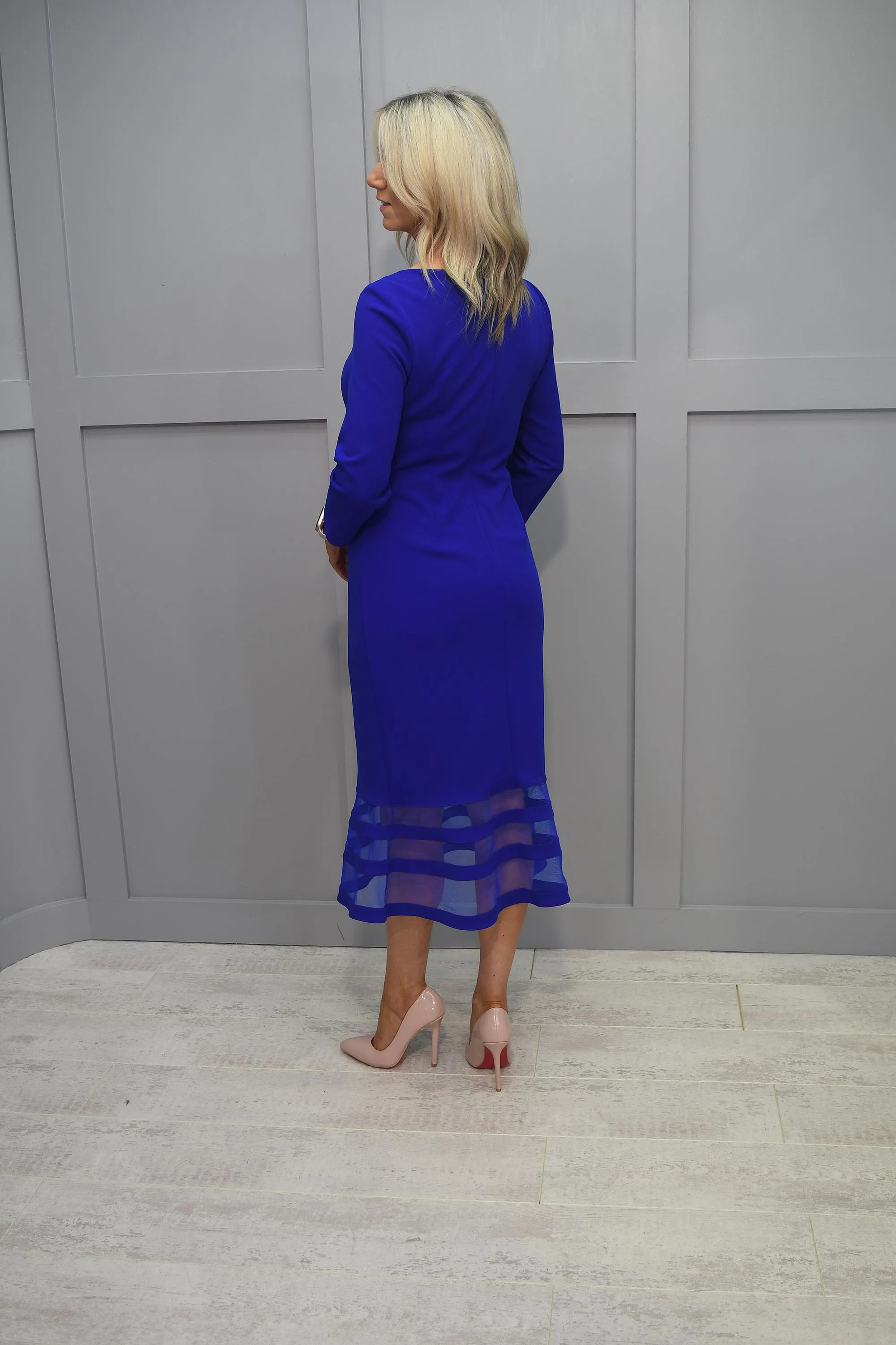 Joseph Ribkoff Royal Blue Fishtail Dress With Sweetheart Neckline & Mesh Detail-233706 2922