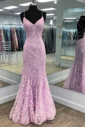 kamahe V Neck Backless Mermaid Purple Lace Long Prom Dress, Mermaid Purple Formal Dress, Purple Lace Evening Dress