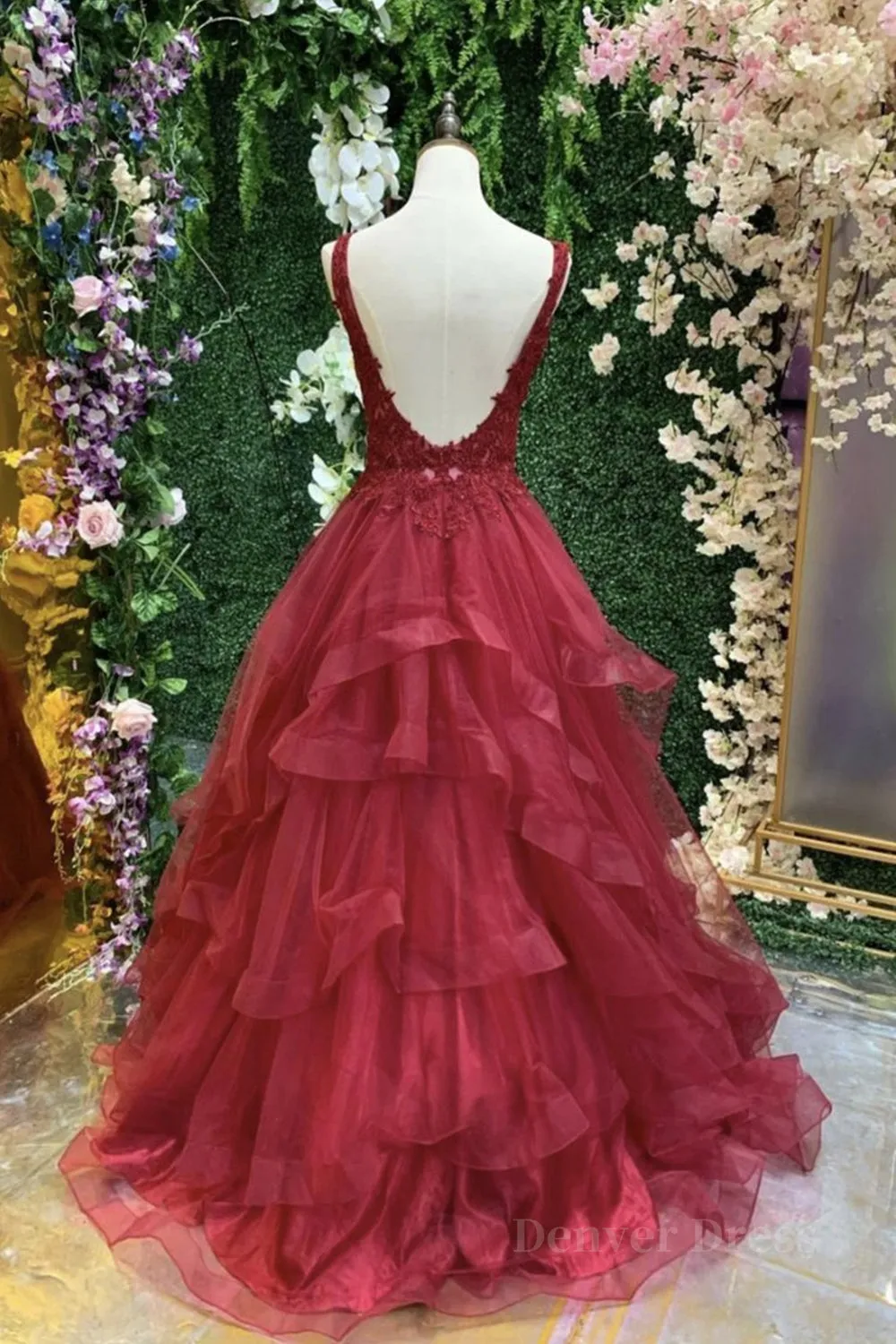 kamahe V Neck Open Back Burgundy Lace Long Prom Dress, Burgundy Lace Formal Evening Dress, Burgundy Ball Gown