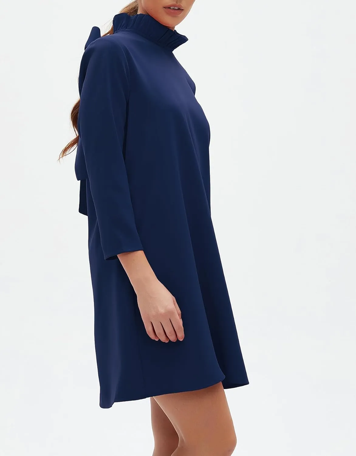 Kedera Women's Fall Bow Tie Dress Casual Mini Dress Ruffle Mock Neck Long Sleeve Dress Swing Elegant Shift Dress
