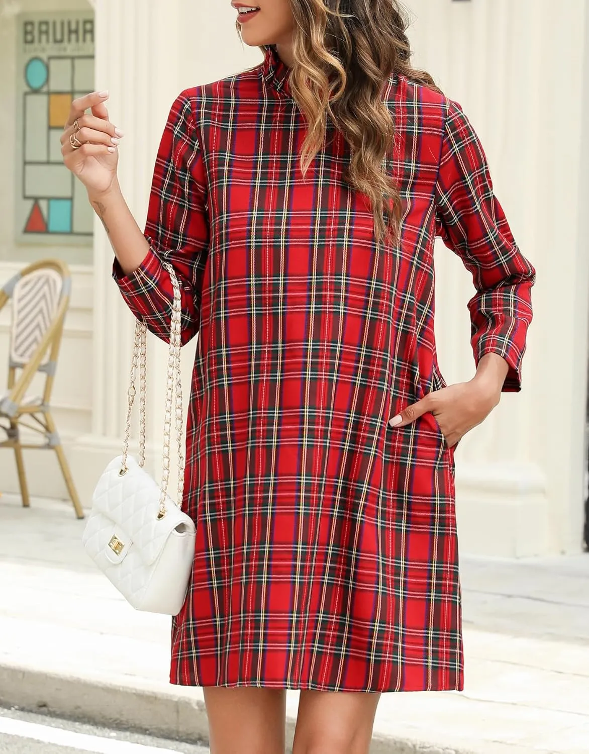 Kedera Women's Fall Bow Tie Dress Casual Mini Dress Ruffle Mock Neck Long Sleeve Dress Swing Elegant Shift Dress