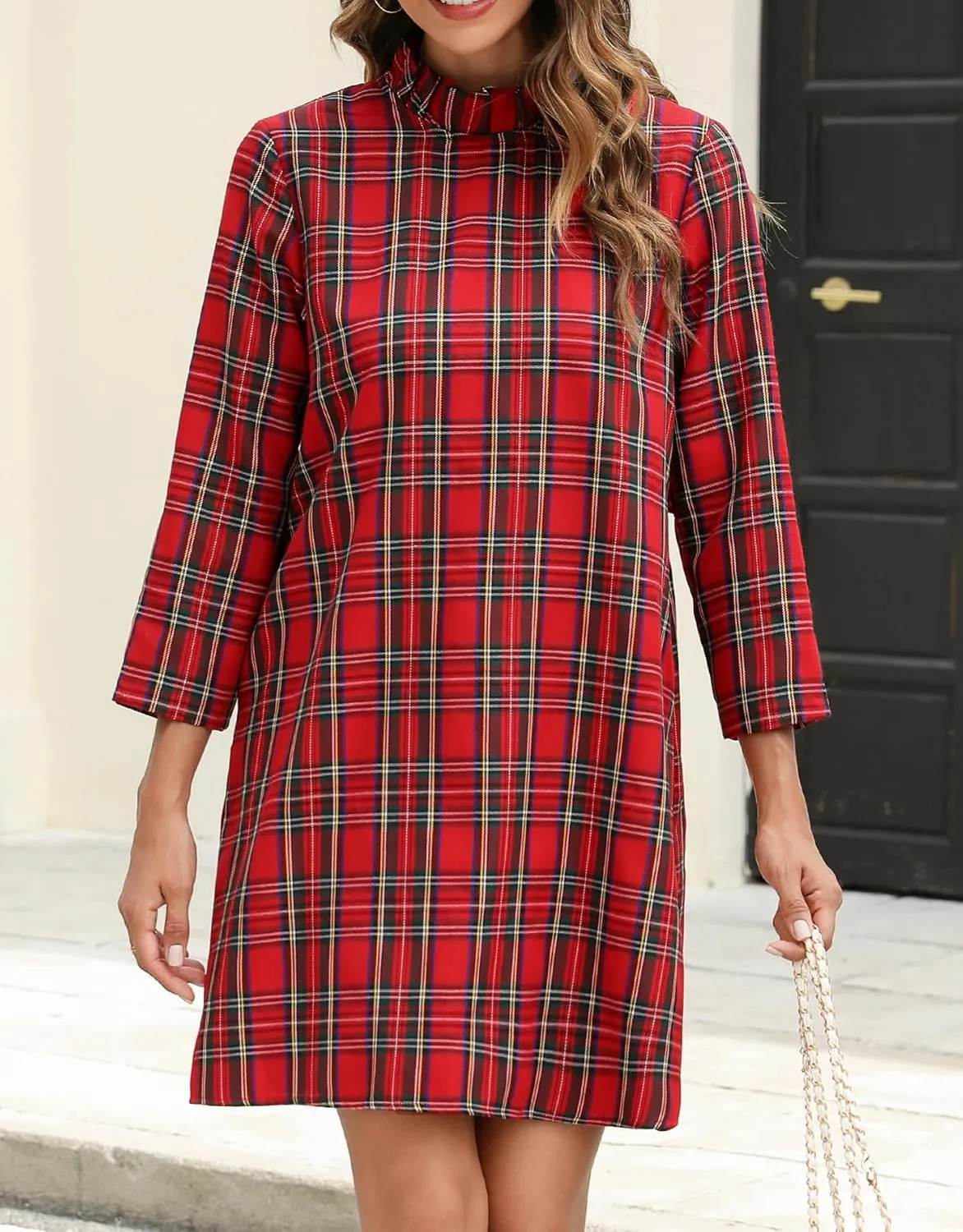Kedera Women's Fall Bow Tie Dress Casual Mini Dress Ruffle Mock Neck Long Sleeve Dress Swing Elegant Shift Dress