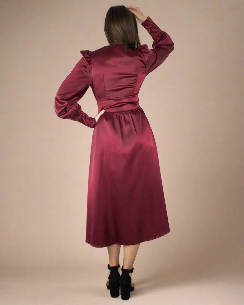 Kelsey Burgundy Red Satin Long Sleeve Dress with Bishop Sleeves