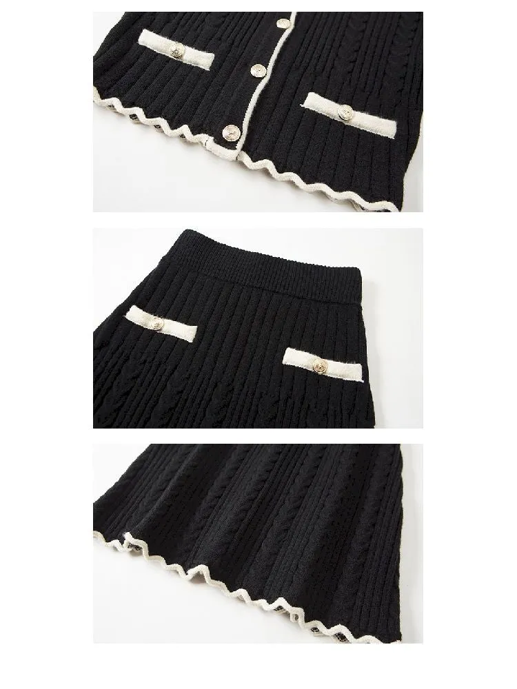 Knit Cardigan Wrap Hip Skirt Two Piece Chambray Set【s0000005286】