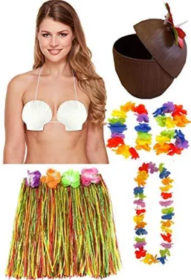 labreeze 40 cm Hula Skirt Lei Shell Bra Coconut Cup Hawaiian Summer Beach Party Set