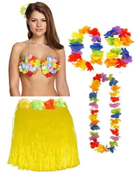labreeze Ladies Girls Yellow 40 Cm Hula Skirt Lei Flower Bra Hawaiian Summer Party Dress